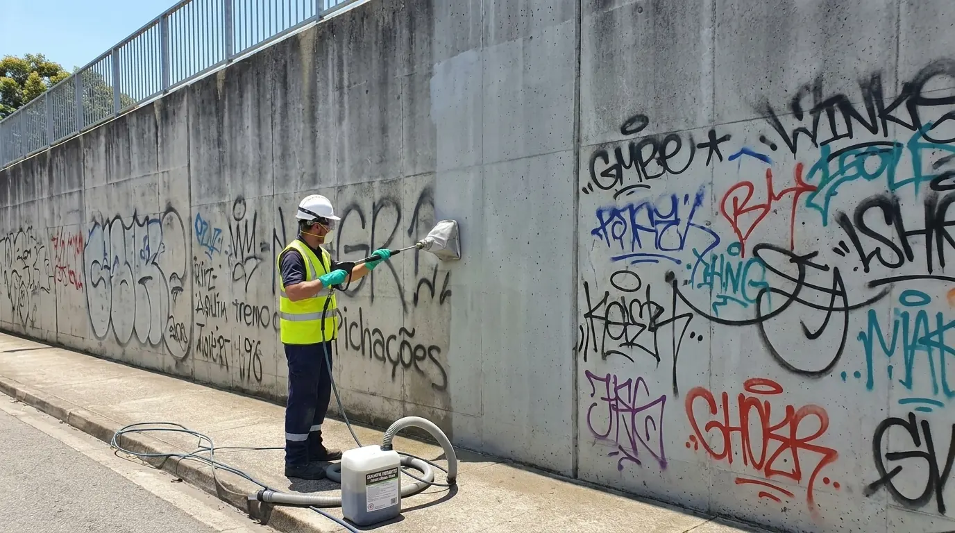 Antes da limpeza com pichações e sujeira em parede de concreto