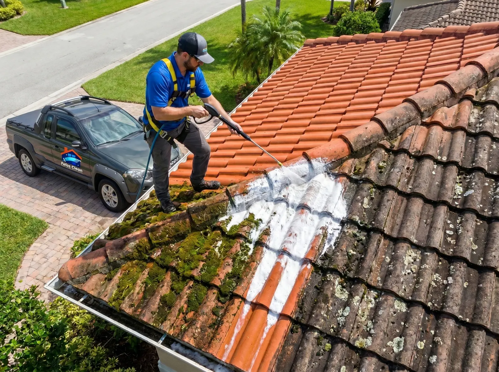 Equipe realizando limpeza de telhado com técnica profissional